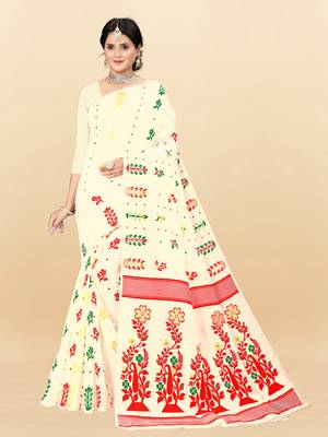 Cream printed cotton silk saree 1
