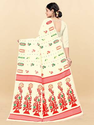 Cream printed cotton silk saree 3
