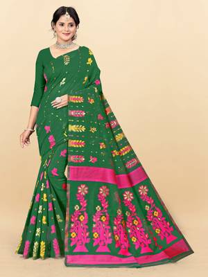 Green printed cotton silk saree 1