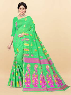 Green printed cotton silk saree 1