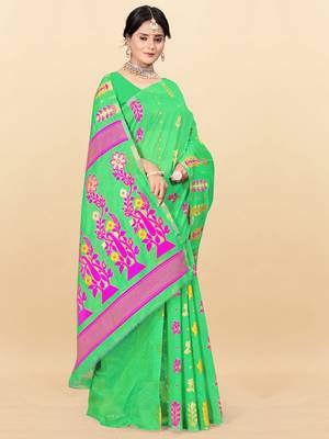 Green printed cotton silk saree 2