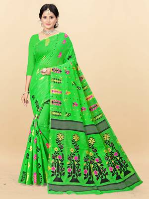 Green printed cotton silk saree 1