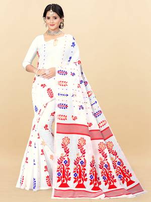 White Printed Cotton Silk Saree Without Blouse 1