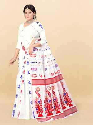 White Printed Cotton Silk Saree Without Blouse 2