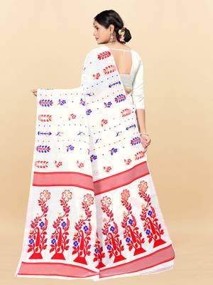 White Printed Cotton Silk Saree Without Blouse 3