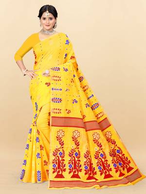 Yellow Printed Cotton Silk Saree Without Blouse 1