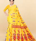 Yellow Printed Cotton Silk Saree Without Blouse
