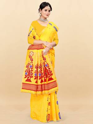 Yellow Printed Cotton Silk Saree Without Blouse 2