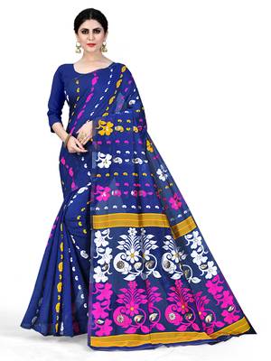 Blue printed cotton silk saree 1