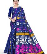 Blue printed cotton silk saree