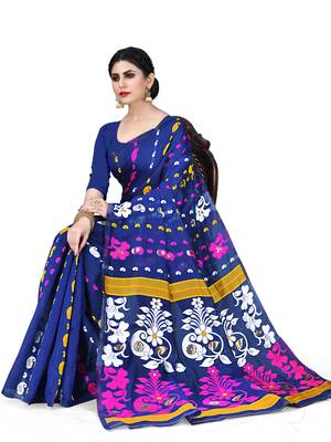 Blue printed cotton silk saree 2