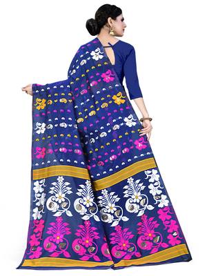 Blue printed cotton silk saree 3