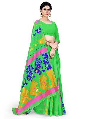 Green Printed Cotton Silk Saree Without Blouse 2