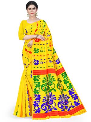 Mustard Printed Cotton Silk Saree Without Blouse 1