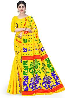 Mustard Printed Cotton Silk Saree Without Blouse