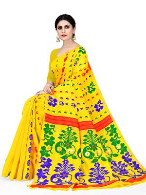Mustard Printed Cotton Silk Saree Without Blouse 2