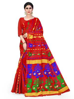 Red printed cotton silk saree 1
