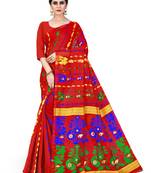 Red printed cotton silk saree