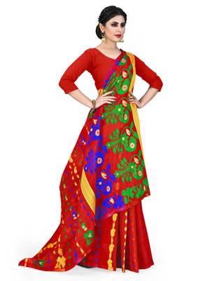 Red printed cotton silk saree 2