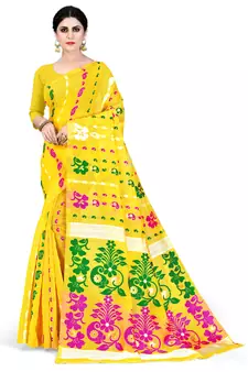 Yellow Printed Cotton Silk Saree Without Blouse