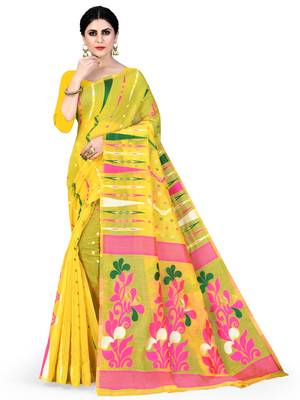 Mustard Printed Cotton Silk Saree Without Blouse 1