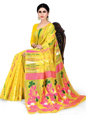 Mustard Printed Cotton Silk Saree Without Blouse 2