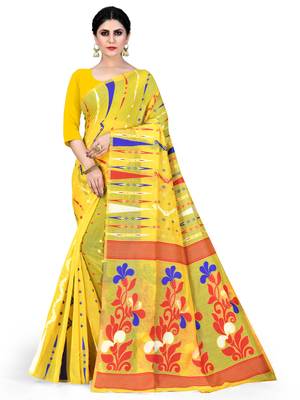 Yellow Printed Cotton Silk Saree Without Blouse 1