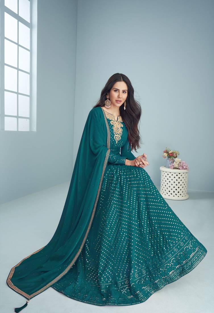 Women teal blue georgette thread sequence anarkali suit