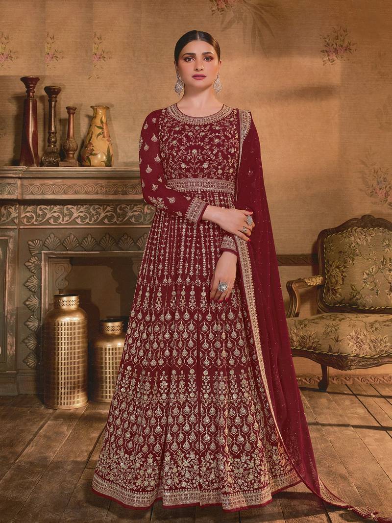 Heavy Designer Embroidery Work Salwaar Kameez In Stunning Maroon Colour Georgette Fabric