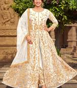 Adorable Heavy Designer Cording Embroidery Work Wedding Dress In Cream Colour Butterfly Net Fabric With Girlish Looks