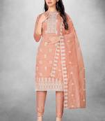 Ethnic And Classy Peach Colour Chanderi Thread Embroidery Work Salwaar Kameez For Girls