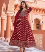Ethnic Rayon Fabric Embroidery Kurti In Maroon Colour Party Looks