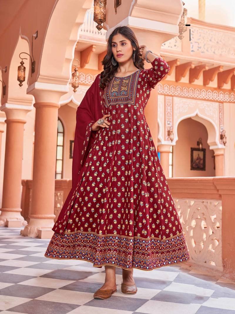 Ethnic Rayon Fabric Embroidery Kurti In Maroon Colour Party Looks