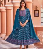 Ethnic Rayon Fabric Embroidery Kurti In Teal Colour Party Looks