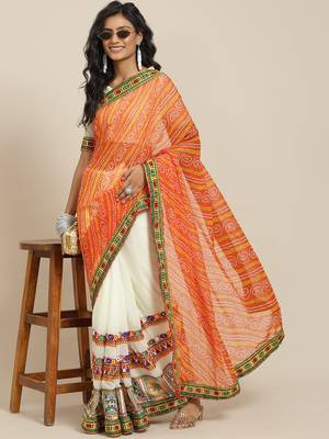 Serona Fabrics Women'S Half And Half Bandhani Pallu With Kutchi Embroidered Party Wear Saree 1