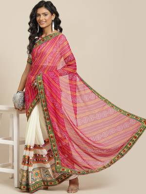 Serona Fabrics Women'S Half And Half Bandhani Pallu With Kutchi Embroidered Party Wear Saree 1