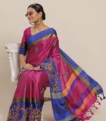 SERONA FABRICS Women's Cotton Silk Peacock Thread Embroidery Contrast  Border  Saree With Blouse