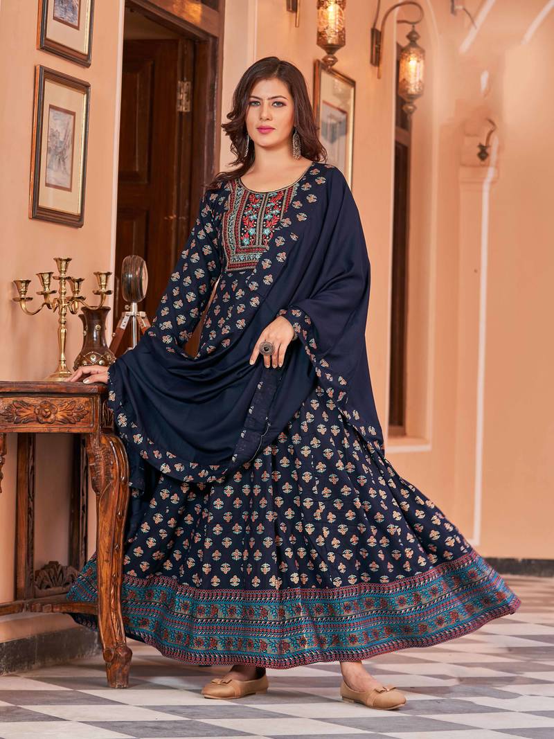 Ethnic Rayon Fabric Embroidery Kurti In Blue Colour Party Looks