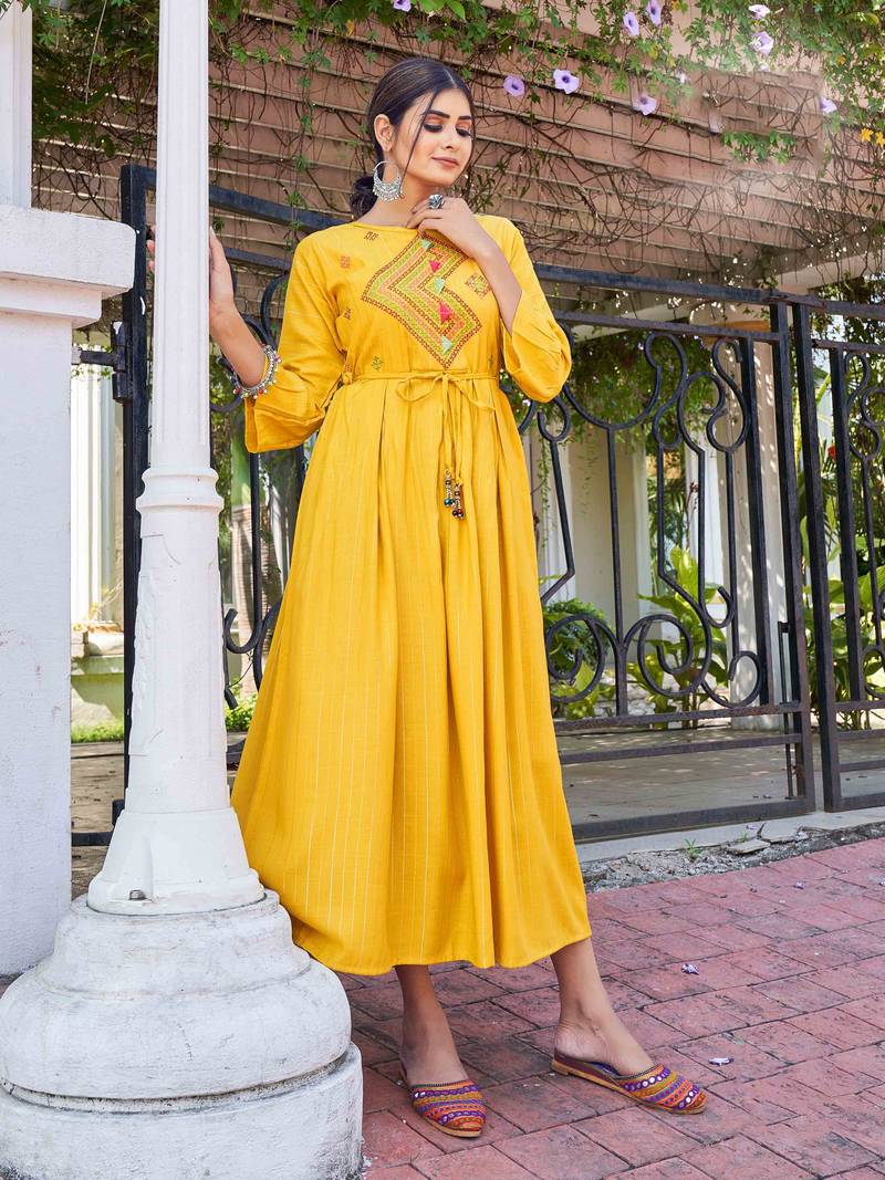 Yellow Colour Yellow Long Kurtis Ethnic Embroiderd Long Kurti In