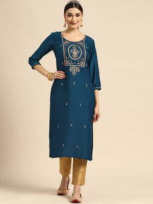 Beautiful Teal Colour Chinon Kurti With Sober Embroidery Work 1
