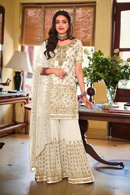 Off White color Georgette Embroidered Palazzo suit 1