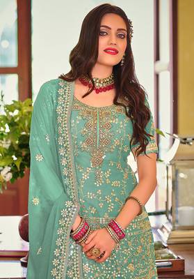 Turquoise color Georgette Embroidered Palazzo suit 2