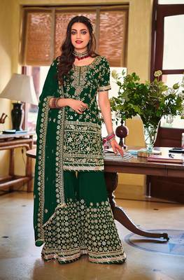 Dark Green color Georgette Embroidered Palazzo suit 1