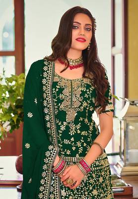Dark Green color Georgette Embroidered Palazzo suit 2