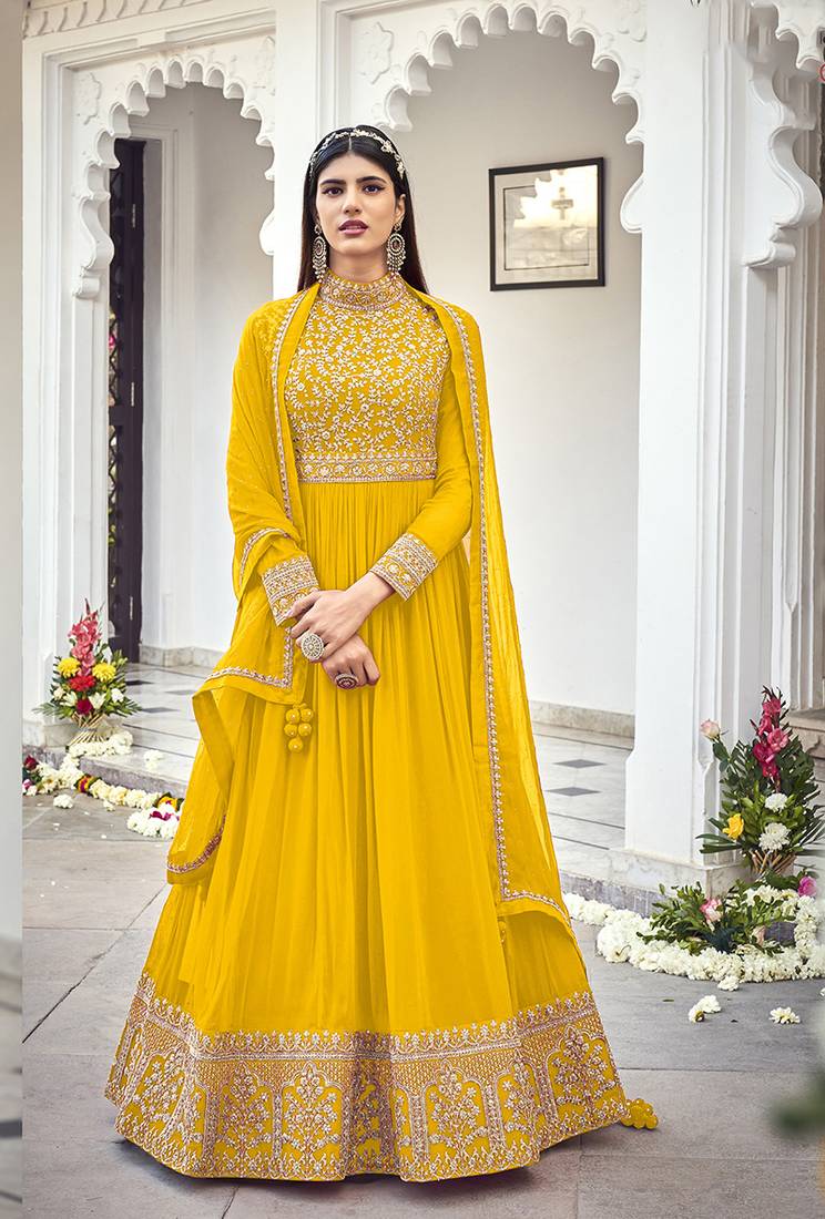 Yellow georgette embroidered full length Anarkali suit