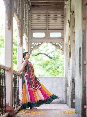 Deep green elephant motif treditional embroidered panel top with colorfull flairy skirt 3