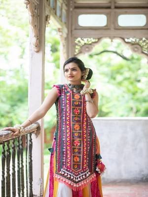 Deep green elephant motif treditional embroidered panel top with colorfull flairy skirt 4