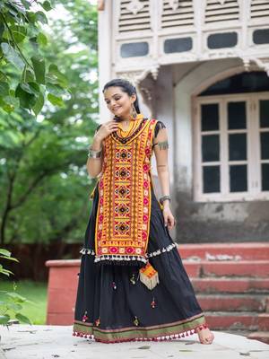 Mustured yellow treditional embroidered panel top with black daman flairy skirt 2
