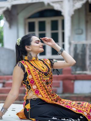 Mustured yellow treditional embroidered panel top with black daman flairy skirt 3