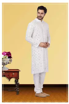 Festive Wear Designer Mirror Work Georgette Chikankari Heavy Kurta With Pyjama